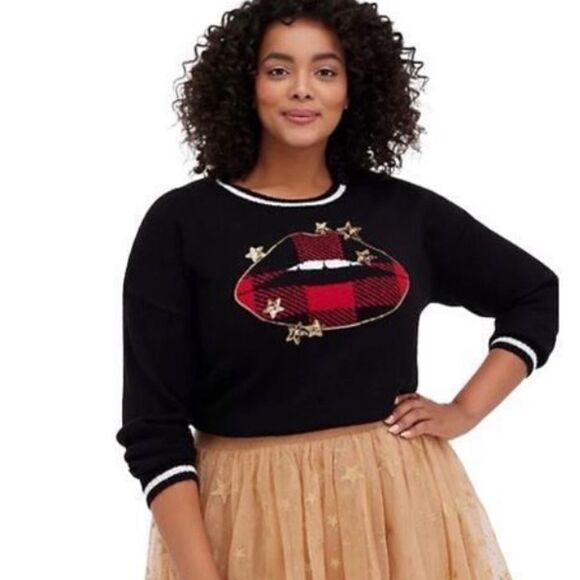 SEQUINS Star Lips Buffalo Plaid Pullover Sweater Crew Neck Plus Size NWT - Picture 3 of 12